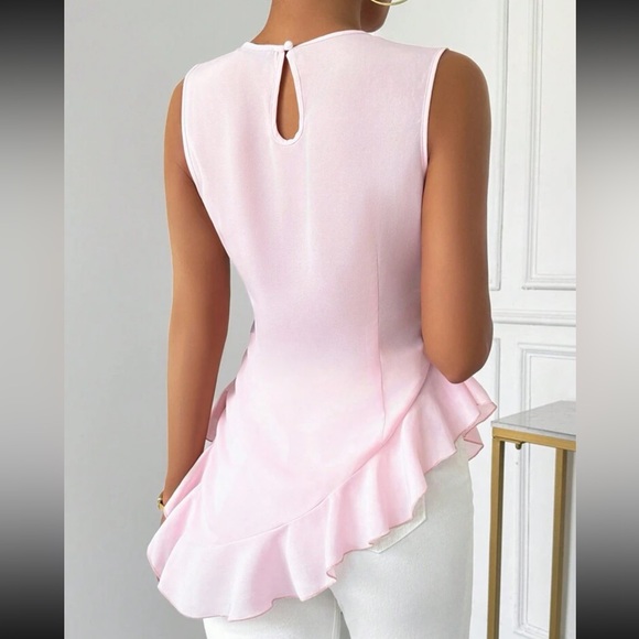 Luxe pink round neck ruffle hem sleeveless blouse - Picture 5 of 16